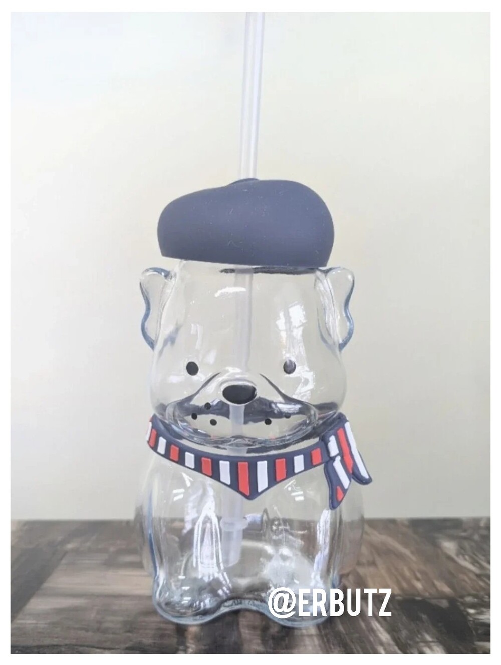 Sculpted Frenchie Glass Tumbler with Straw, Silicone Baret and Scarf 🧣